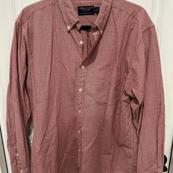 American Eagle Mens Chambray Shirt Red Brown Plaid Long Sleeve Button Down L - Picture 3 of 4